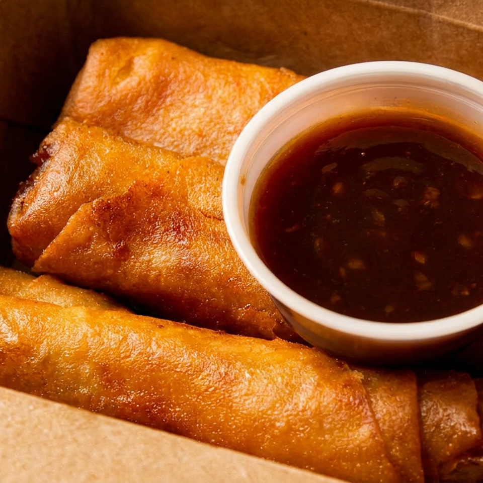 Golden-brown spring rolls and a cup of dipping sauce in a brown takeout box.