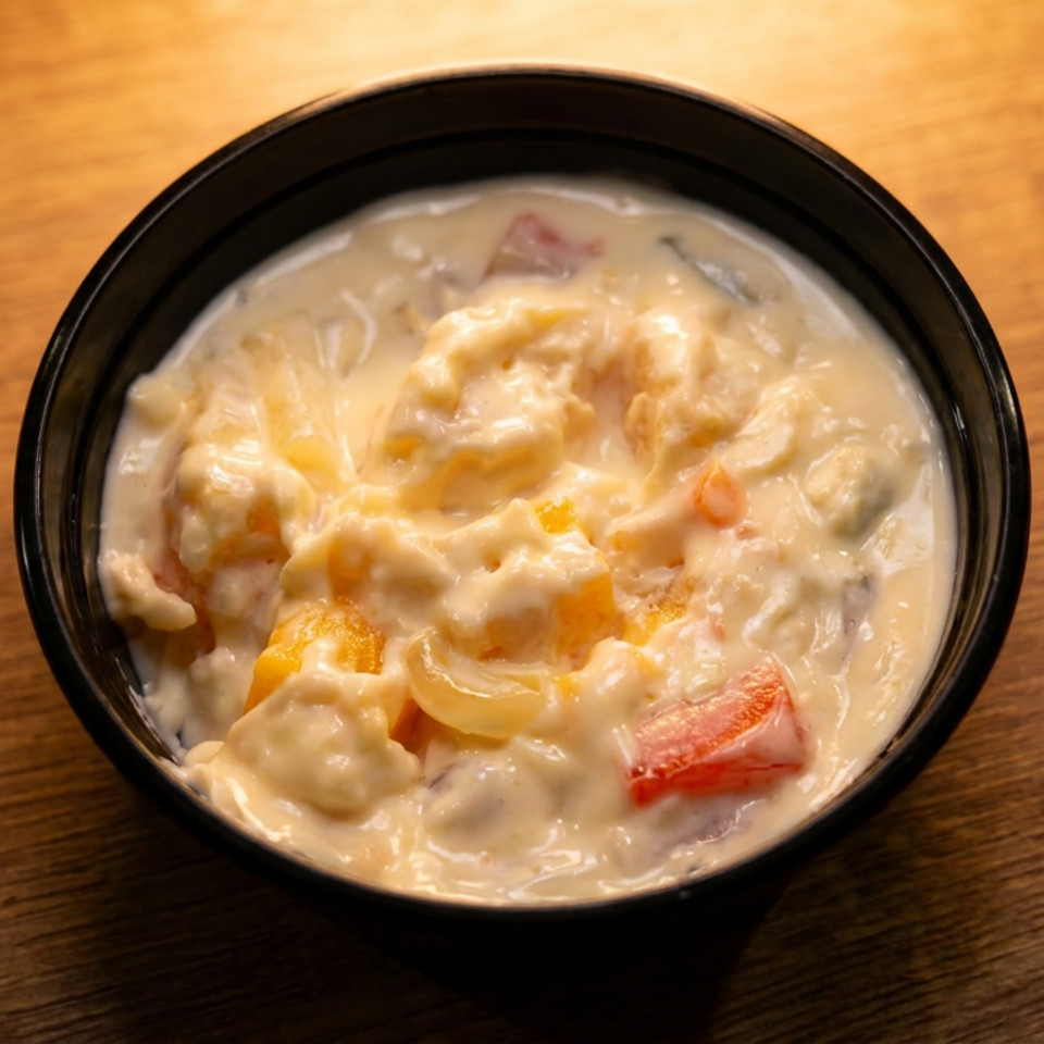 A black bowl filled with creamy fruit salad, featuring peaches, pineapple, and red fruit pieces.